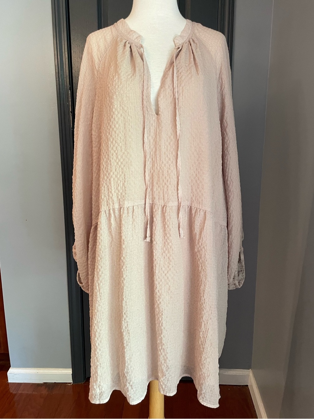 H&M Beige Gauzy Festival Tie-Neck Textured Mini Dress
